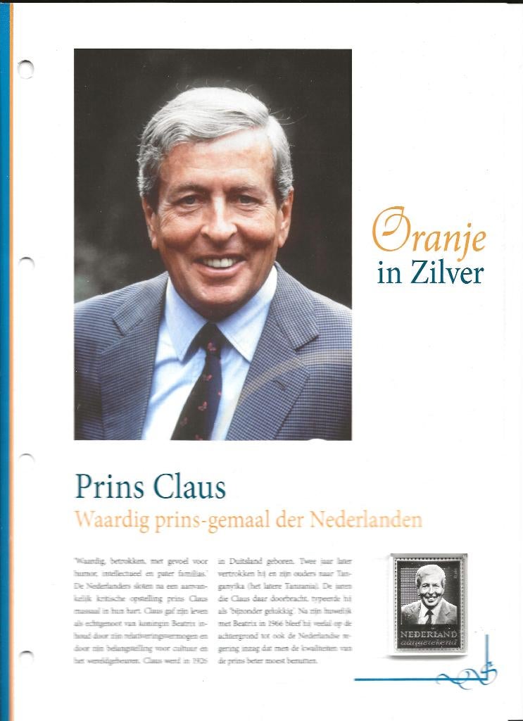 Zilveren zegel Prins Claus (tarief aangetekend = 12,30), pfr, Postzegels en Munten, Ophalen of Verzenden, Postfris