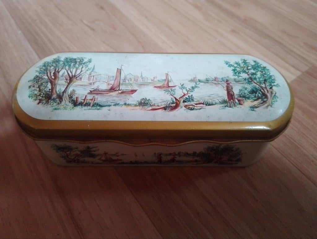 Vintage theelepels trommeltje met Landschap van Douwe Egbert, Ophalen of Verzenden, Gebruikt, Overige merken