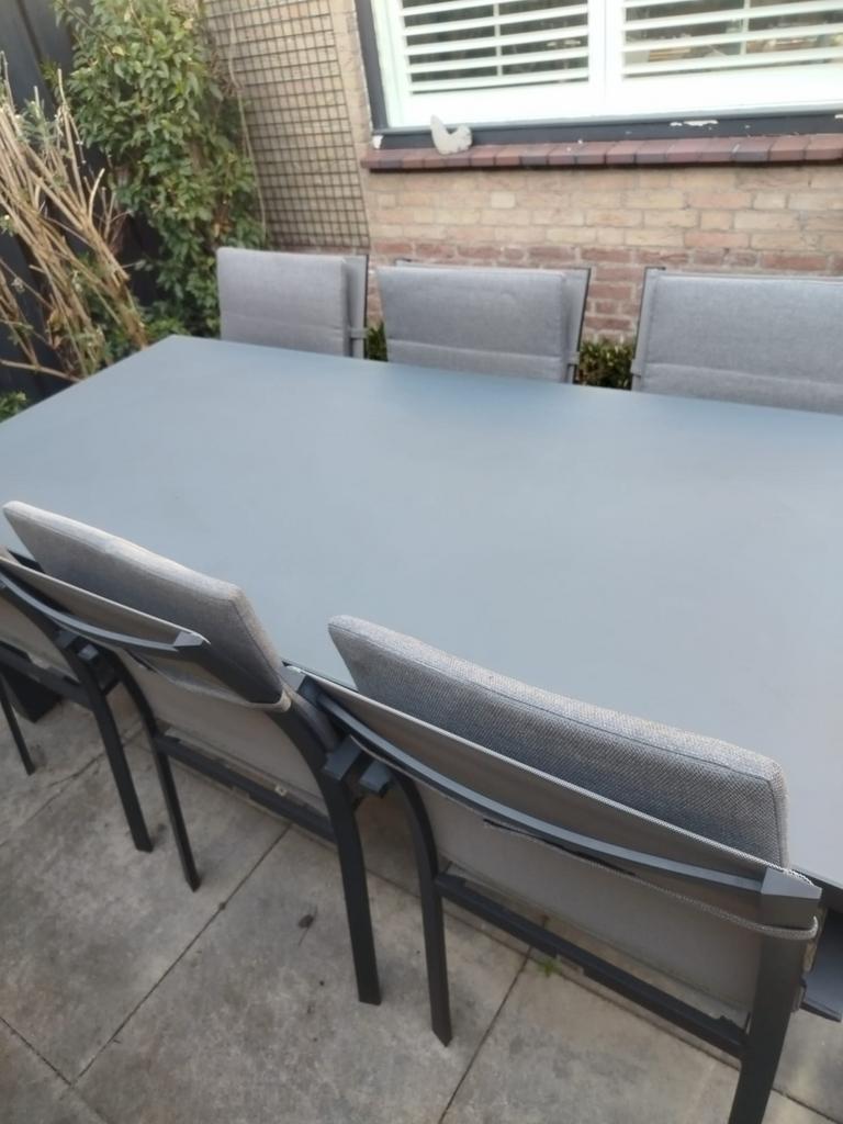 Tuintafel met 6 stoelen, Tuin en Terras, Tuintafels, Ophalen, Zo goed als nieuw, Rechthoekig, Metaal