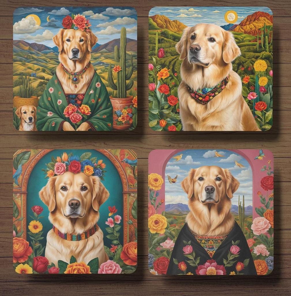 Golden Retriever Frida Kahlo onderzetters met houder, Huis en Inrichting, Ophalen of Verzenden, Nieuw, Glas of Kopje