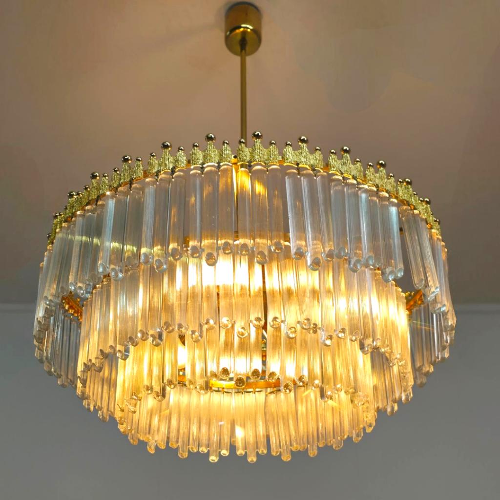 Vintage XL kroonluchter 70s kristal Hollywood regency goud, Huis en Inrichting, Ophalen of Verzenden, Gebruikt, Glas