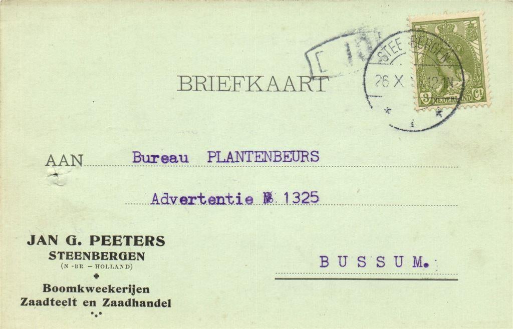 Jan G. Peeters, Steenbergen - 10.1926? - briefkaart, Ophalen of Verzenden, Briefkaart