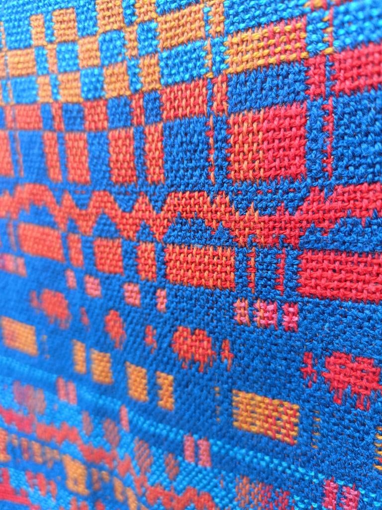 Vintage geweven gordijn met ophangringen rood blauw oranje, Gebruikt, Blauw, 150 tot 200 cm, 50 tot 100 cm