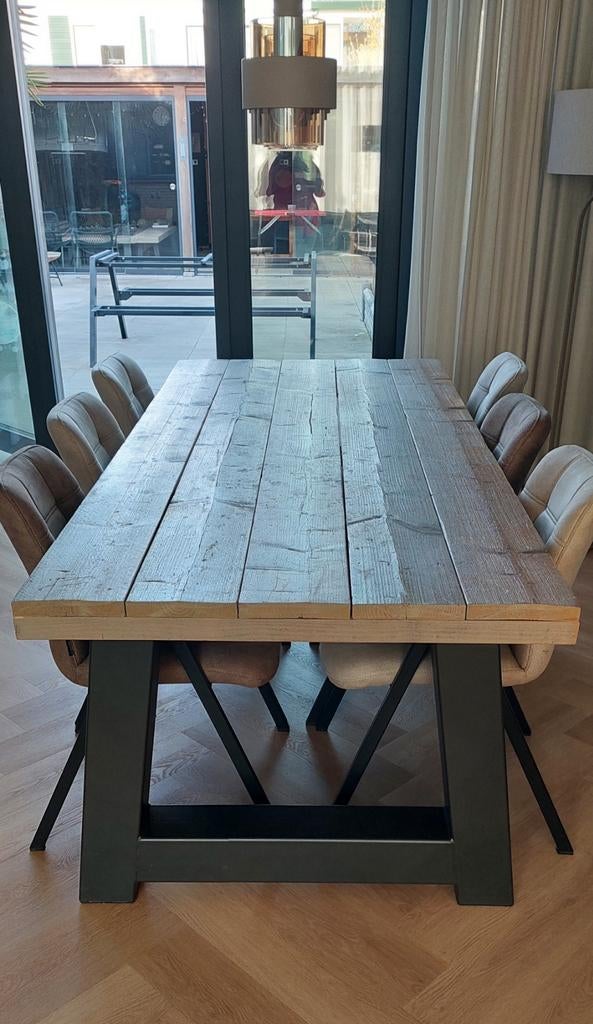 Steigerhouten eettafel met zwart metalen onderstel, Ophalen, Rechthoekig, 200 cm of meer, 50 tot 100 cm