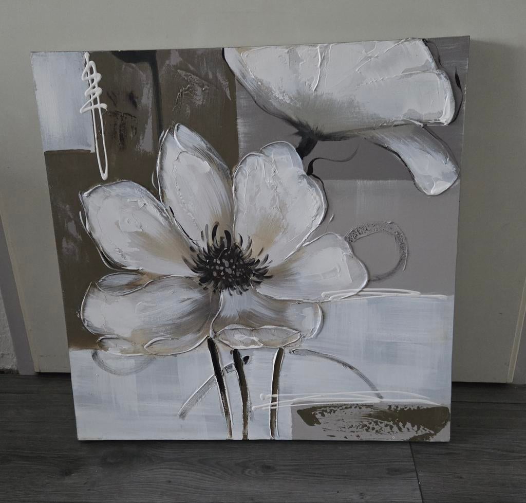 Taupekleurig schilderij met bloem, 50 tot 75 cm, Ophalen of Verzenden, Zo goed als nieuw, Schilderij