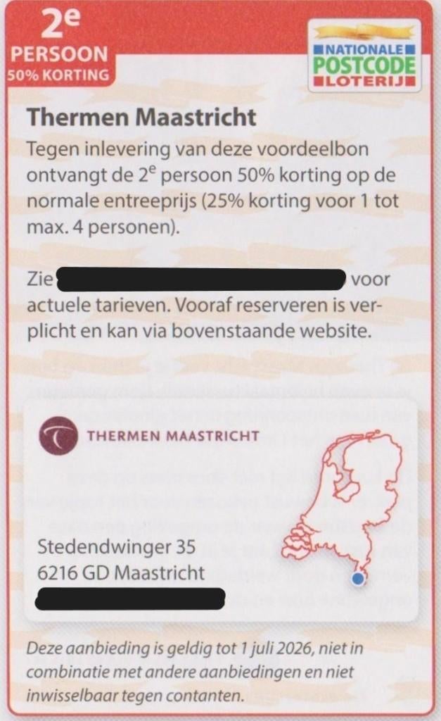 Thermen Maastricht. 2e persoon 50% korting. Postcode bon., Twee personen, Kortingsbon, Spa of Sauna