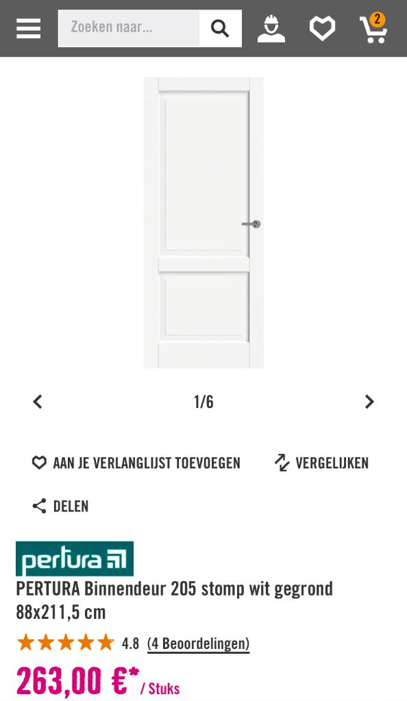 Mooie zware binnendeur (stomp) 88x211,5cm, Ophalen, 80 tot 100 cm, Binnendeur, Nieuw