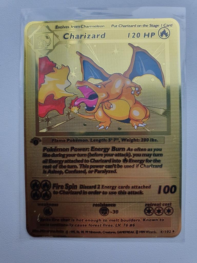 Charizard Base Set 1st edition artwork Metal Card, Pokemon, Ophalen of Verzenden, Zo goed als nieuw
