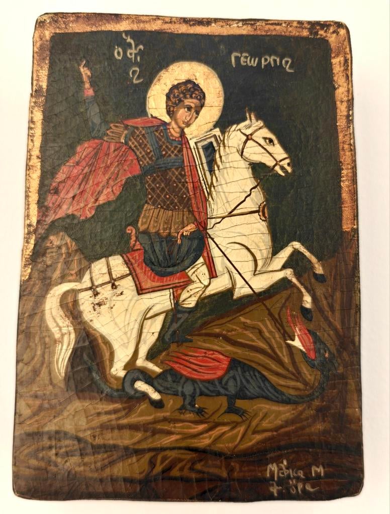 Vintage Grieks-orthodoxe icoon Sint Joris, Mount Athos 1975, Ophalen of Verzenden