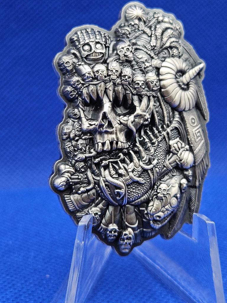 (8856) KOMSCO:  AZTEC GOD OF DEATH TWO OUNCE, Ophalen of Verzenden, Zilver