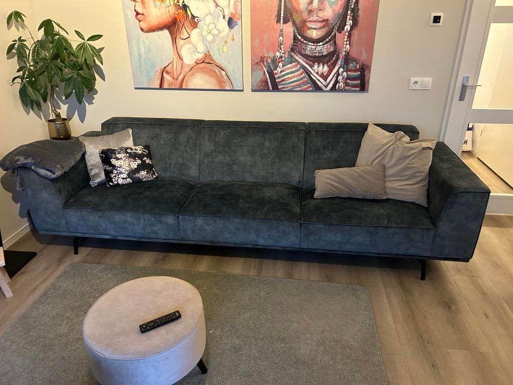 Grote blauwgroene bank + poefje - 295 cm lang, Huis en Inrichting, 250 tot 300 cm, Gebruikt, 75 tot 100 cm, Ophalen of Verzenden