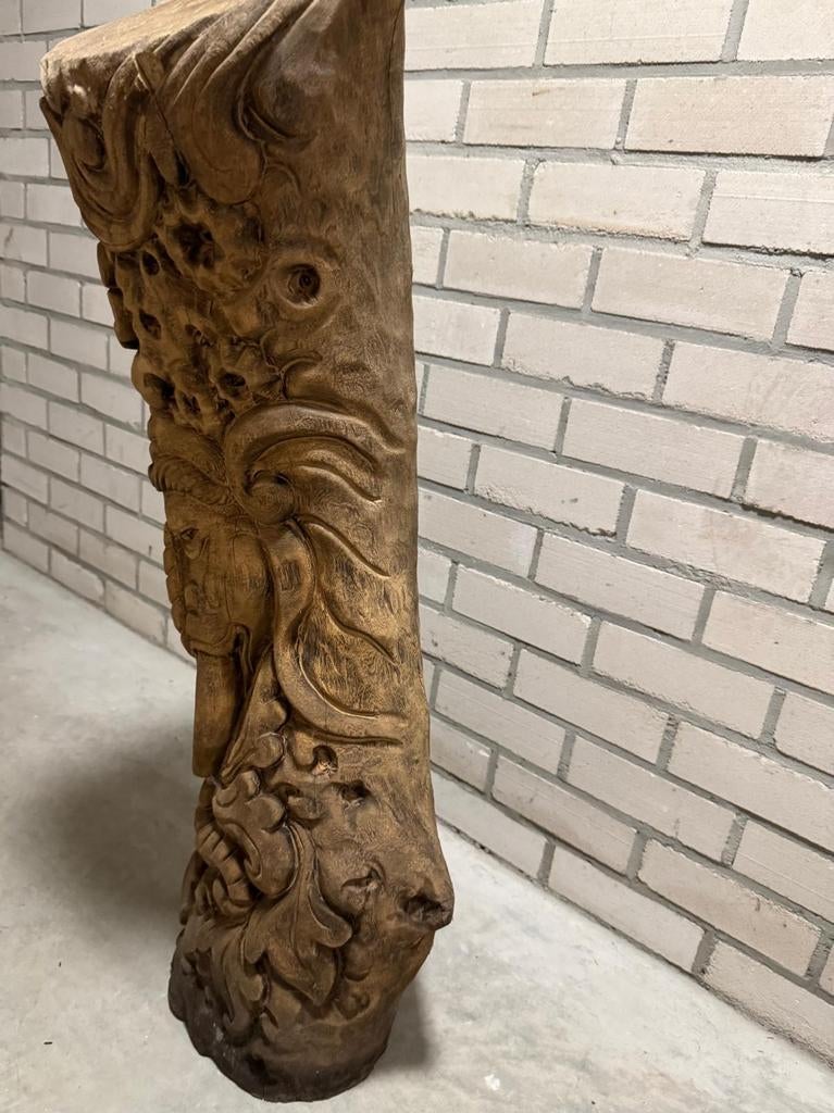 Unieke handgesneden houten pilaar met olifantenhoofd, Ophalen of Verzenden