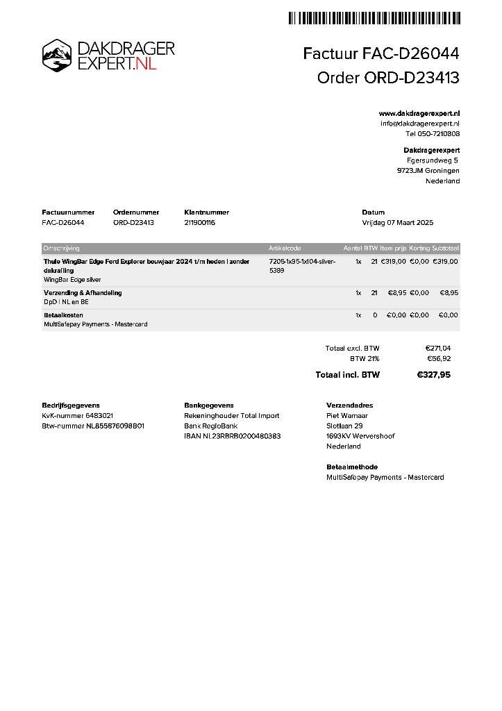 set van 2 dakdragers Thule WingBar Edge Ford Explorer eV, Auto diversen, Dakdragers, Ophalen, Nieuw