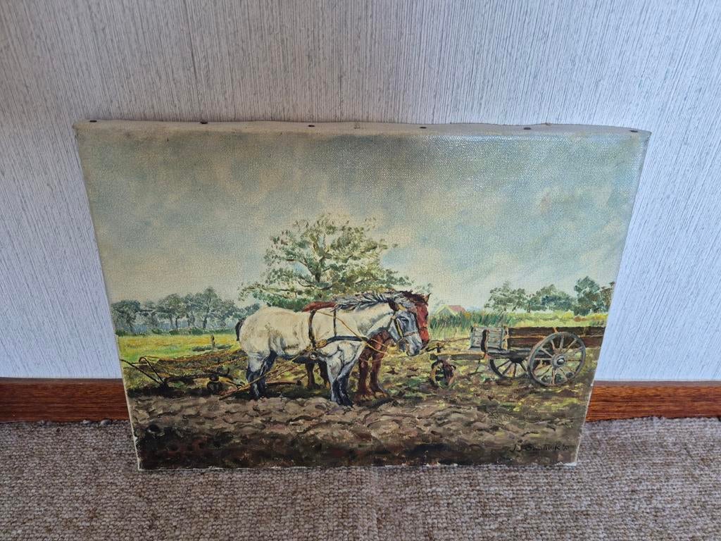 Schilderij met paarden en kar, Antiek en Kunst, Ophalen