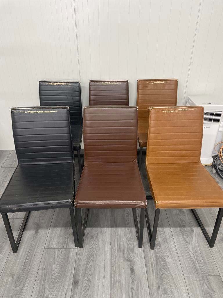 Zes stoelen in 3 kleuren, Huis en Inrichting, Stoelen, Ophalen, Gebruikt, Bruin, Metaal