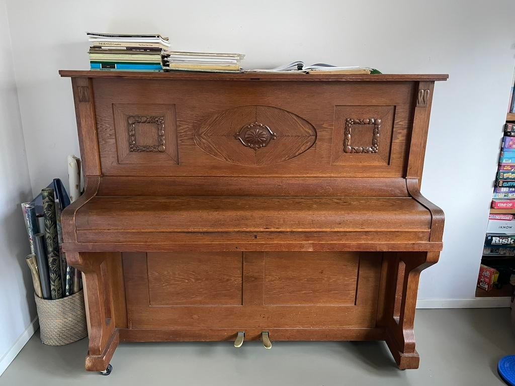 Antieke jugendstil piano van Gustav Heyl, Muziek en Instrumenten, Ophalen, Zo goed als nieuw, Bruin