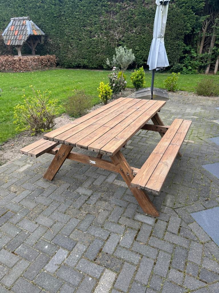 Houten picknicktafel 152x177, Tuin en Terras, Gebruikt, Ophalen of Verzenden, Inklapbaar, Rechthoekig