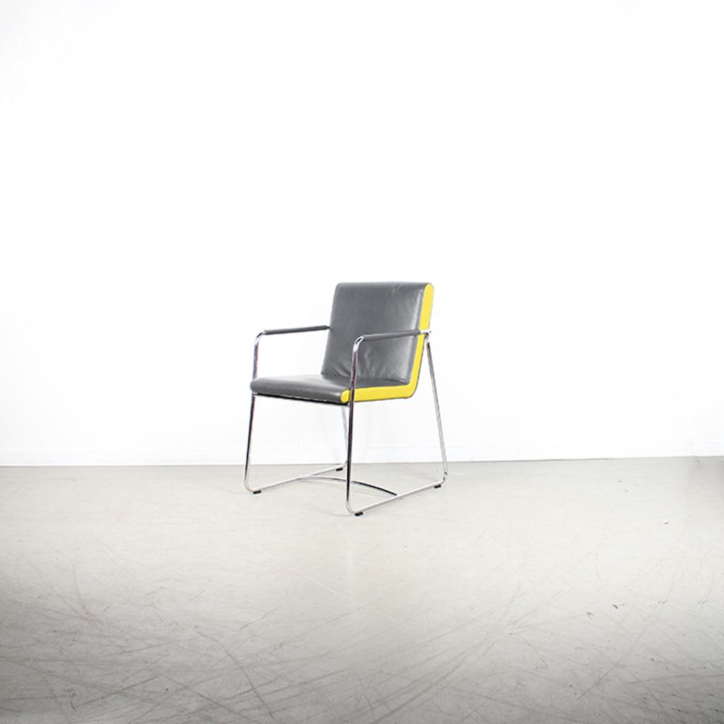 2x Leolux Spring (Eetkamer)Stoel Antraciet/Geel Leer –Chroom, Niet ingevuld, Niet ingevuld, Leer, Ophalen of Verzenden