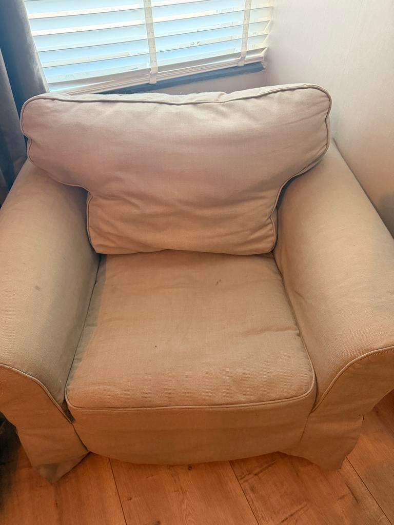 IKEA Ektorp Fauteuil/ stoel met poef Beige mag direct weg, Ophalen, Gebruikt, Stof, 75 tot 100 cm
