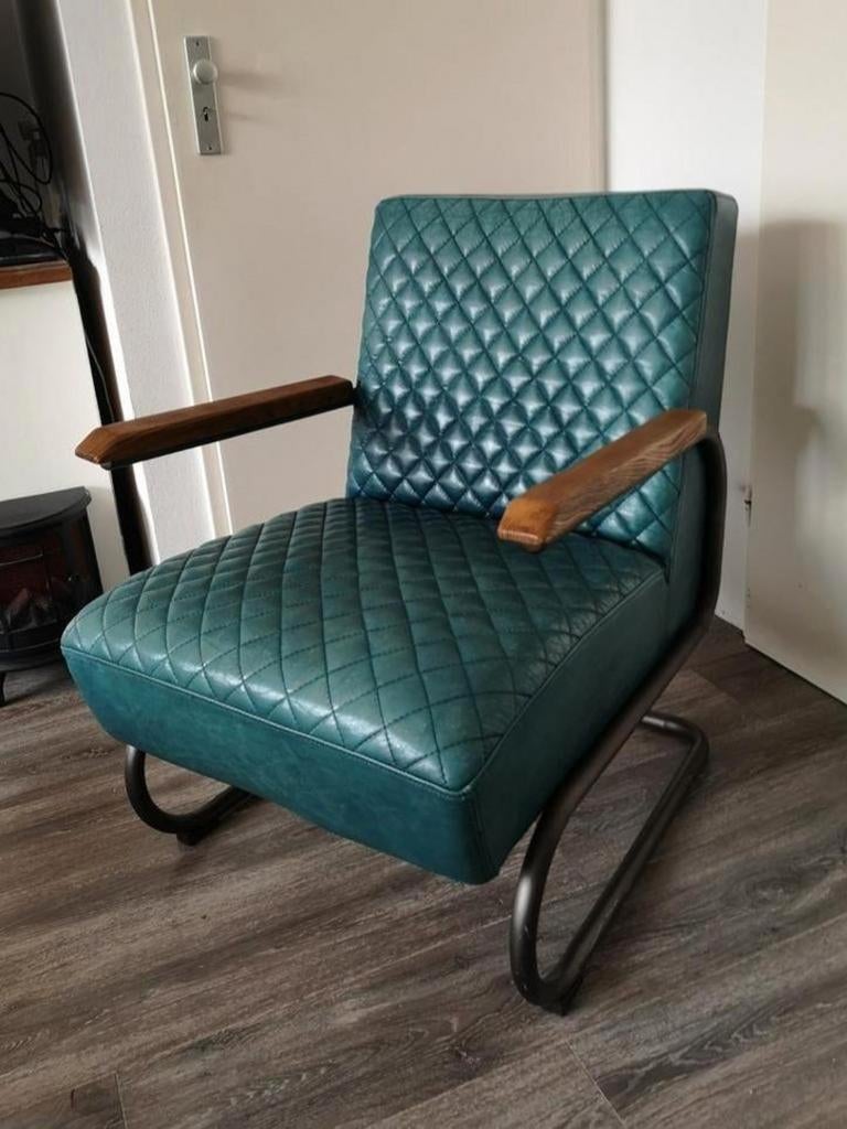 Buizenframe fauteuil petrol leder,industrieel,mancave, Huis en Inrichting, Fauteuils, Ophalen, 75 tot 100 cm, Koopje,mancave,retro,industrieel