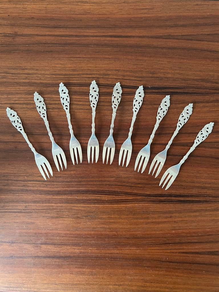 Set van 9 vintage gebaksvorkjes bijzonder Gero kraanvogel, Ophalen of Verzenden, Overige materialen, Overige stijlen, Overige typen