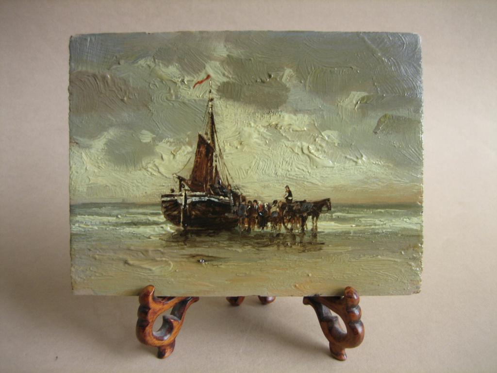 Klein schilderij olieverf Haagse School bomschuit strand, Ophalen of Verzenden