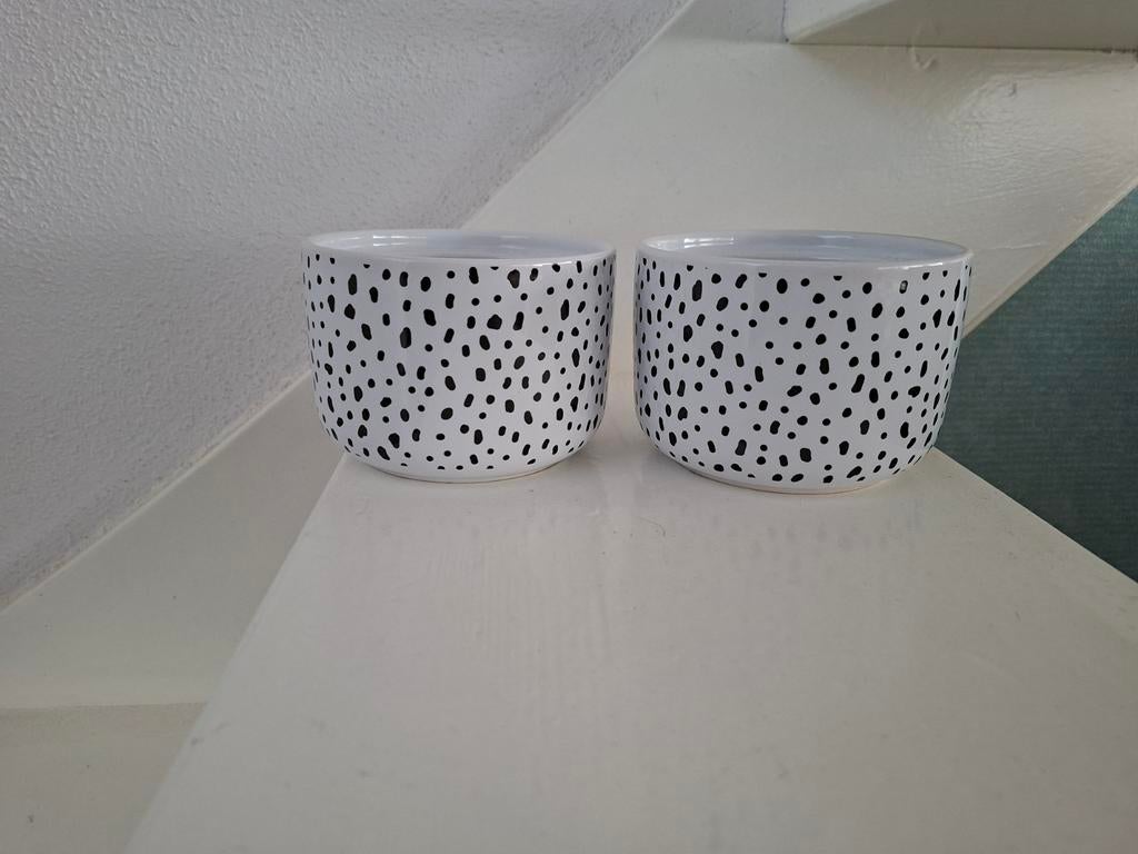 2 bloempotjes wit met zwarte stipjes, Tuin en Terras, Rond, Binnen, Ophalen of Verzenden, Zo goed als nieuw