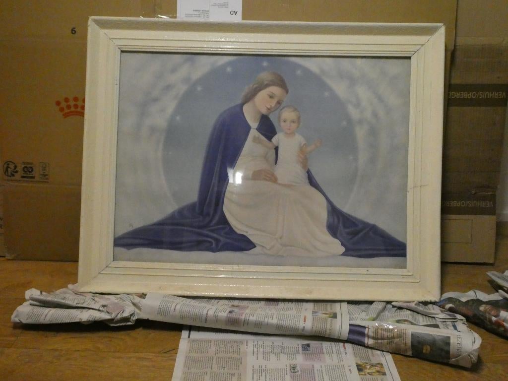 Vintage Maria met Kind – religieuze prent – ingelijst, Ophalen, Gebruikt, Kaart of Prent, Christendom | Katholiek