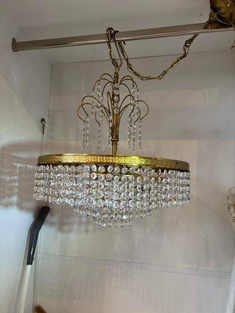 Kristallen Hanglamp met Messing Details, Ophalen, Gebruikt, Glas, 75 cm of meer