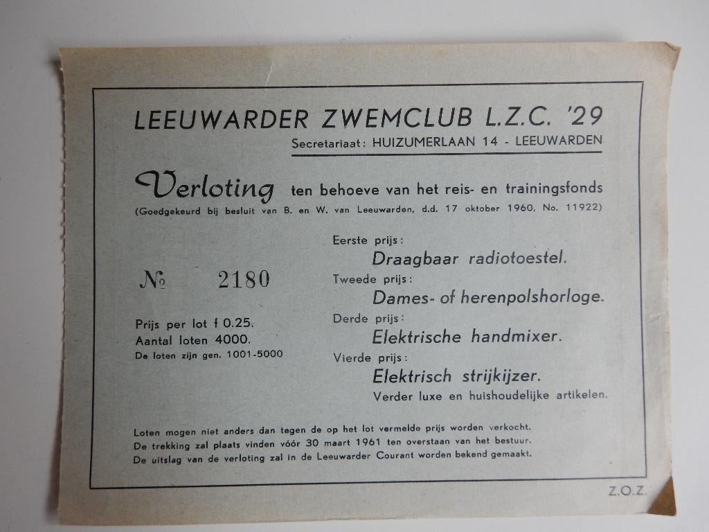Lot Leeuwarder Zwemclub LZC'29 Turkstra beschuit uit 1961., Verzamelen, Ophalen of Verzenden, Gebruikt