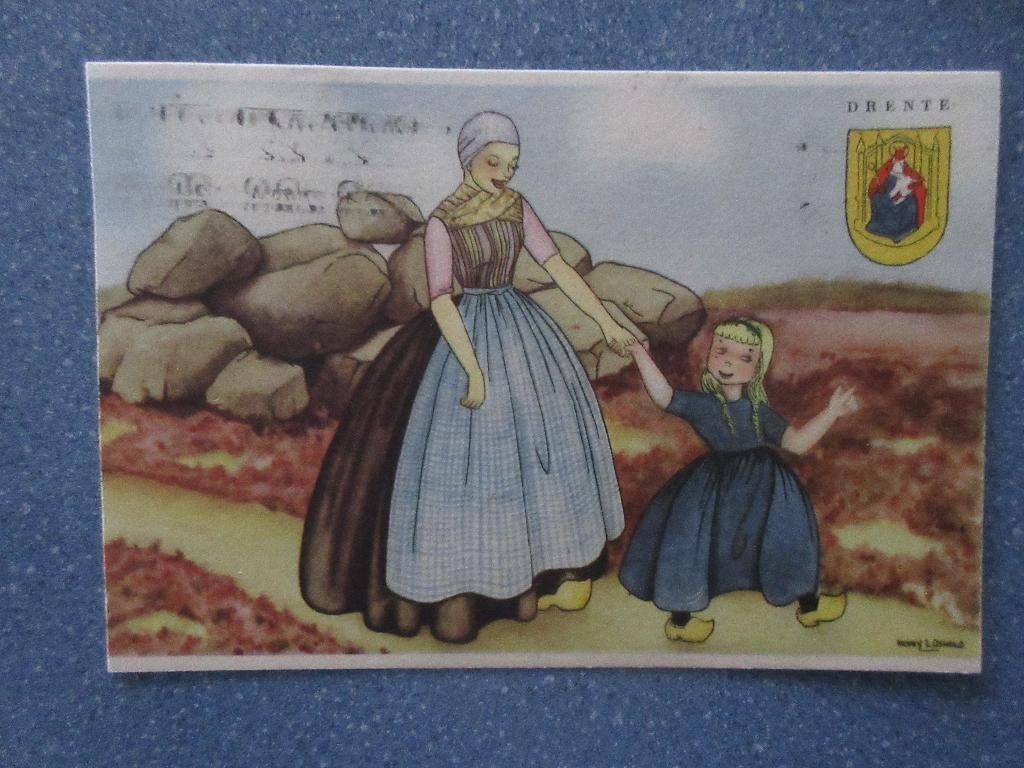 Klederdracht Drente, tekening (gekortwiekt), Verzenden, 1940 tot 1960, Gelopen, Drenthe