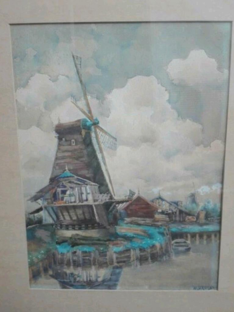 Kunstschilder Wilhelmus Broens aquarel Dordrecht molen , Antiek en Kunst, Ophalen