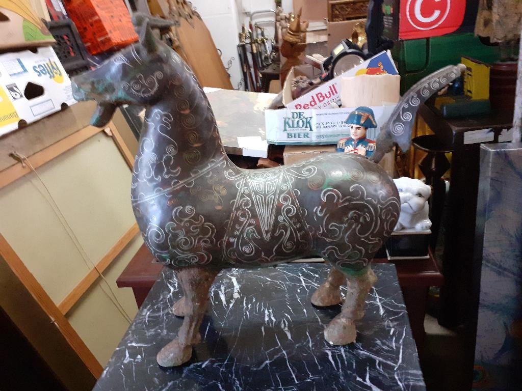 Antiek Bronzen Paard met ingeslagen Zilverdraad, email deco, Ophalen of Verzenden