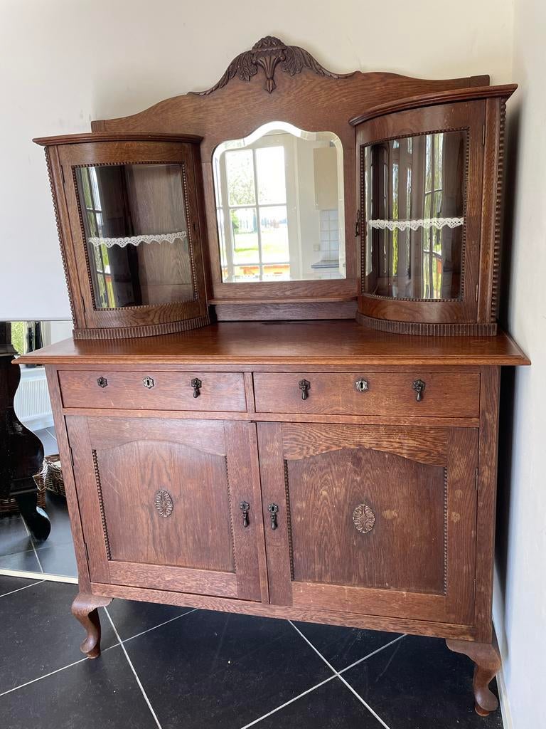Antieke buffetkast met rond glas en spiegel, Antiek en Kunst, Ophalen