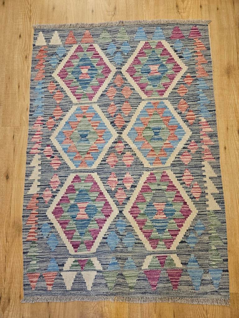 Handgeweven oosterse wollen kelim 121x83, Info@SlatsAntiek.nl, Crème, 100 tot 150 cm, Vof Slats Antiek