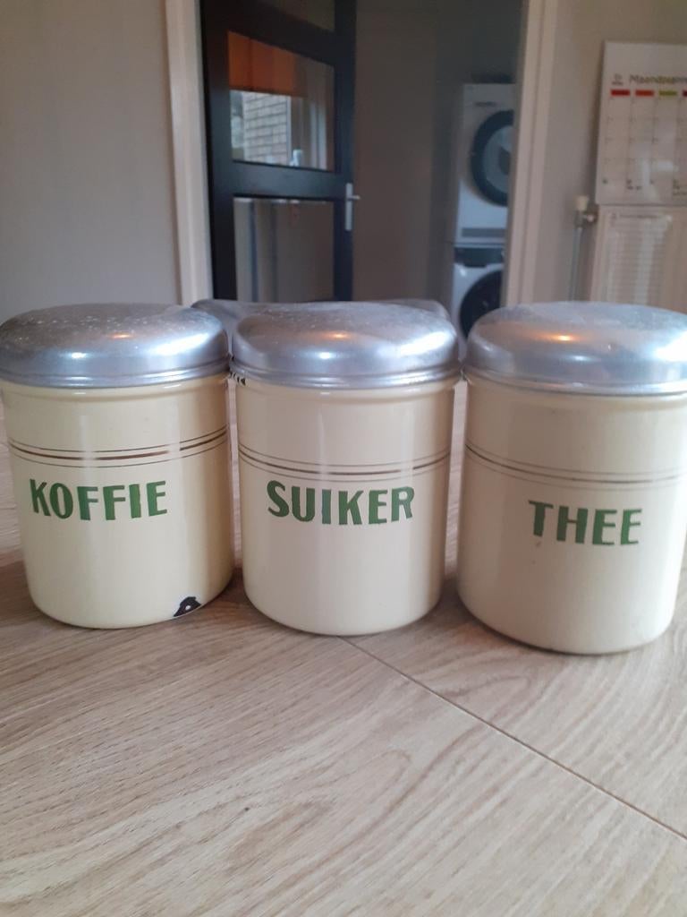 Vintage voorraadpotten koffie, suiker, thee - emaille, Antiek en Kunst, Ophalen of Verzenden