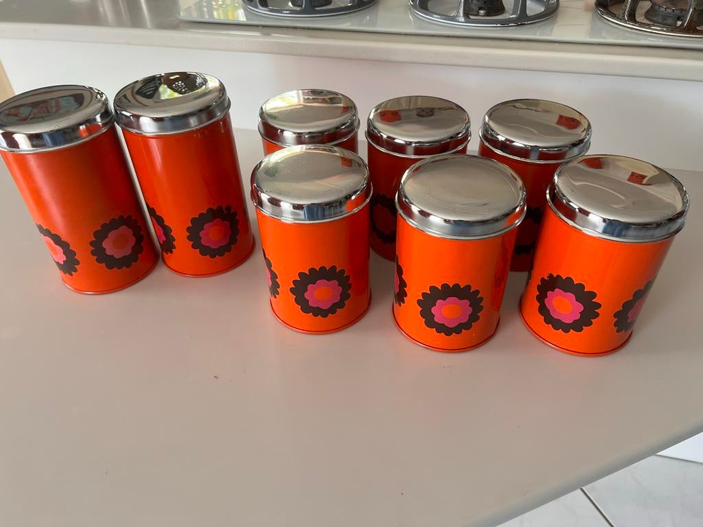 8 oranje Tomado retro  blikken - zeer goede staat!, Verzamelen, Retro, Ophalen of Verzenden