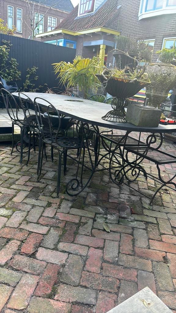 Tuinset bistro brocante frans antiek nostalgisch metaal, Ophalen, Overige materialen, Gebruikt, Meer dan 8 zitplaatsen