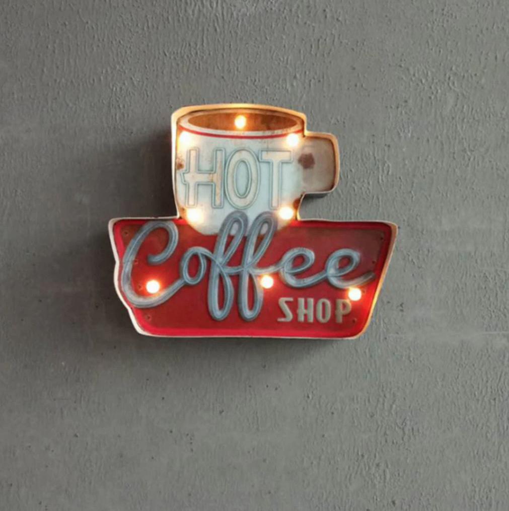 Hot Coffee Shop Metalen LED Bord - Plaat Retro Koffie Lamp, Verzenden, Nieuw