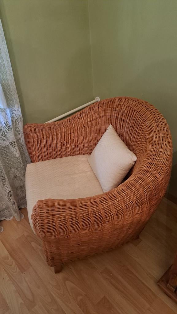 Comfortabele rotan fauteuil met kussen, Ophalen, Gebruikt, Bruin, Landelijk, Bohemian