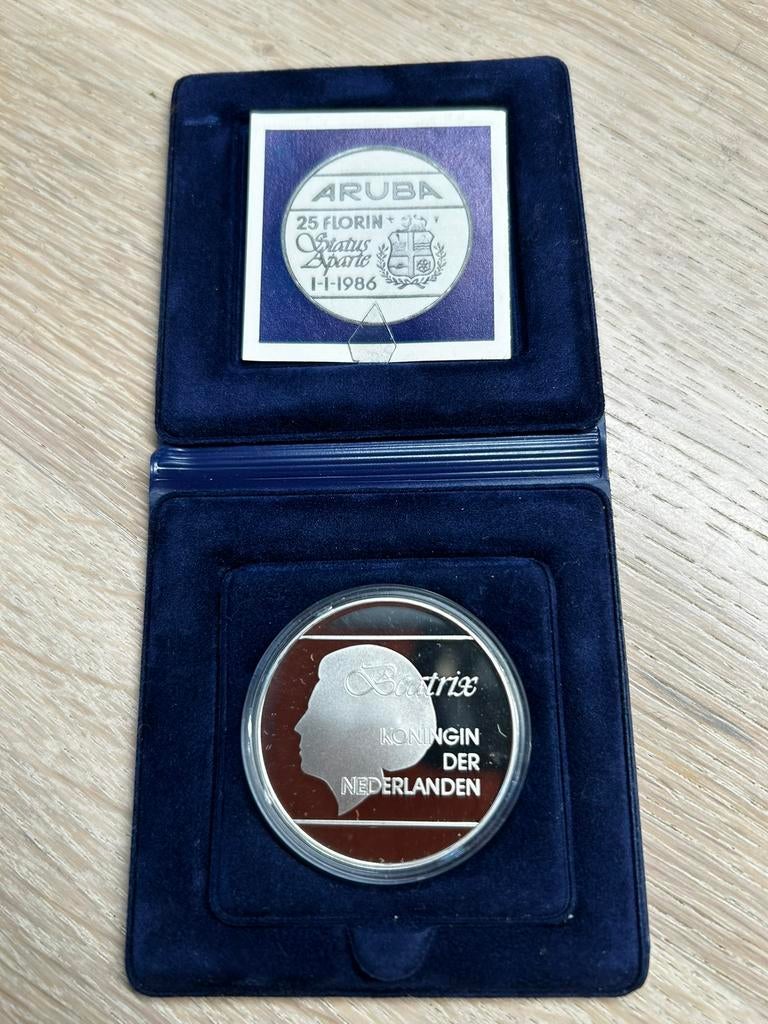 Aruba Status Aparte 25 Florin 1-1-1986  Zilver PROOF, Koningin Beatrix, Zilver, Losse munt, Overige waardes