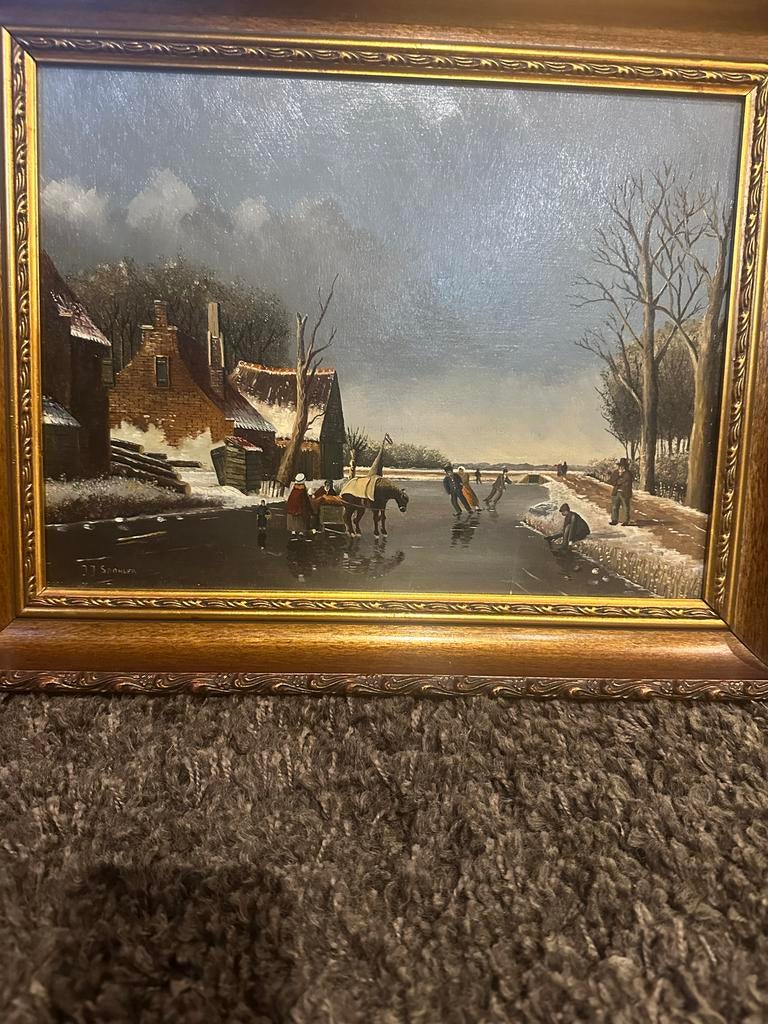 Schilderij Winterlandschap met Schaatsers, Antiek en Kunst, Kunst | Schilderijen | Klassiek, Ophalen of Verzenden