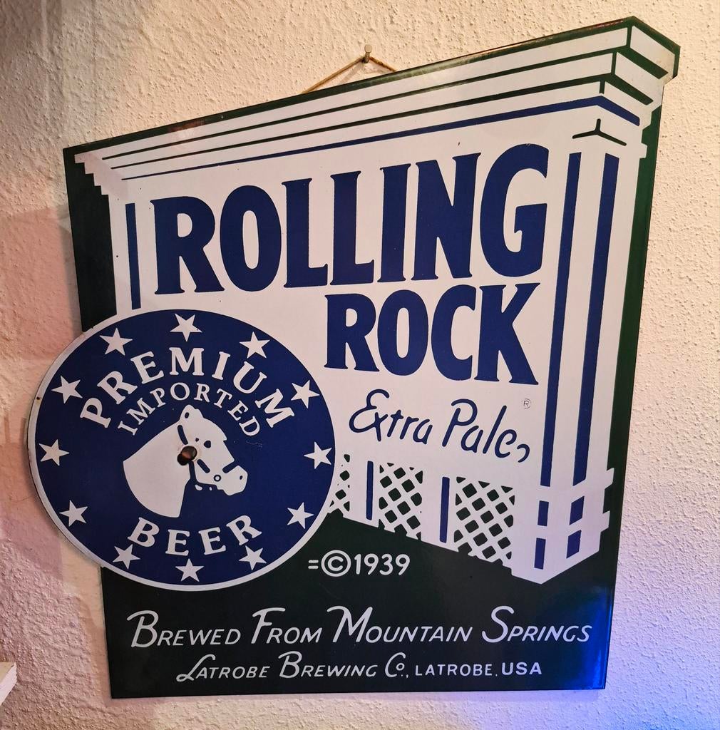 Emaille reclamebord Rolling Rock bier uit de VS, Ophalen, Zo goed als nieuw, Reclamebord