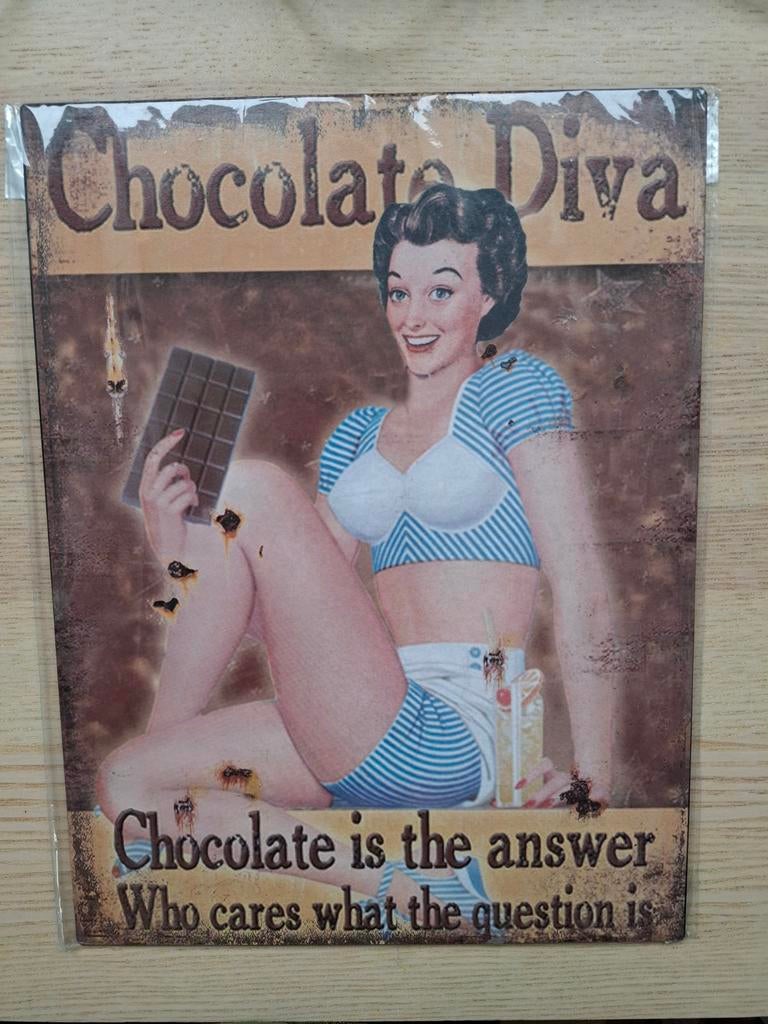 Bord Chocolate Diva - Pin-up stijl wanddecoratie, Vintage, Nieuw, Ophalen of Verzenden, Metaal