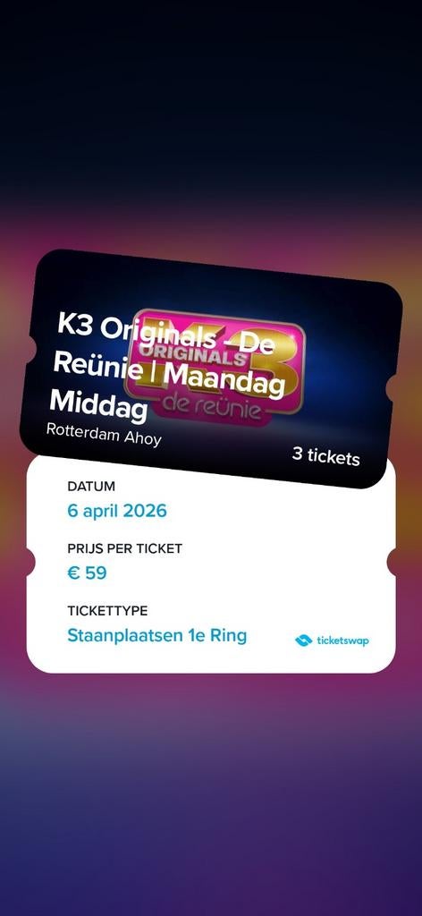 K3 reinu tickets 3 x staanplaats arena, Tickets en Kaartjes, Twee personen, Overige soorten