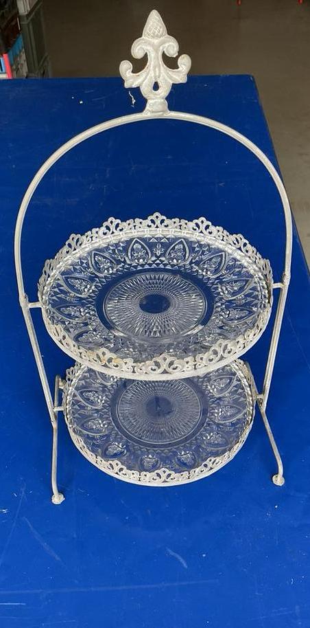 Vintage Etagère handgemaakt van metaal motief glasplaten, Ophalen, Gebruikt