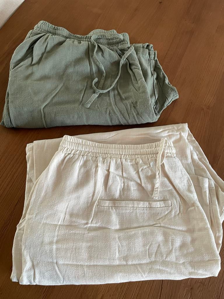 2 linnen broeken M&S mode, mt 54 - groen & wit, Kleding | Dames, Ophalen, Maat 46/48 (XL) of groter, Zo goed als nieuw, Lang