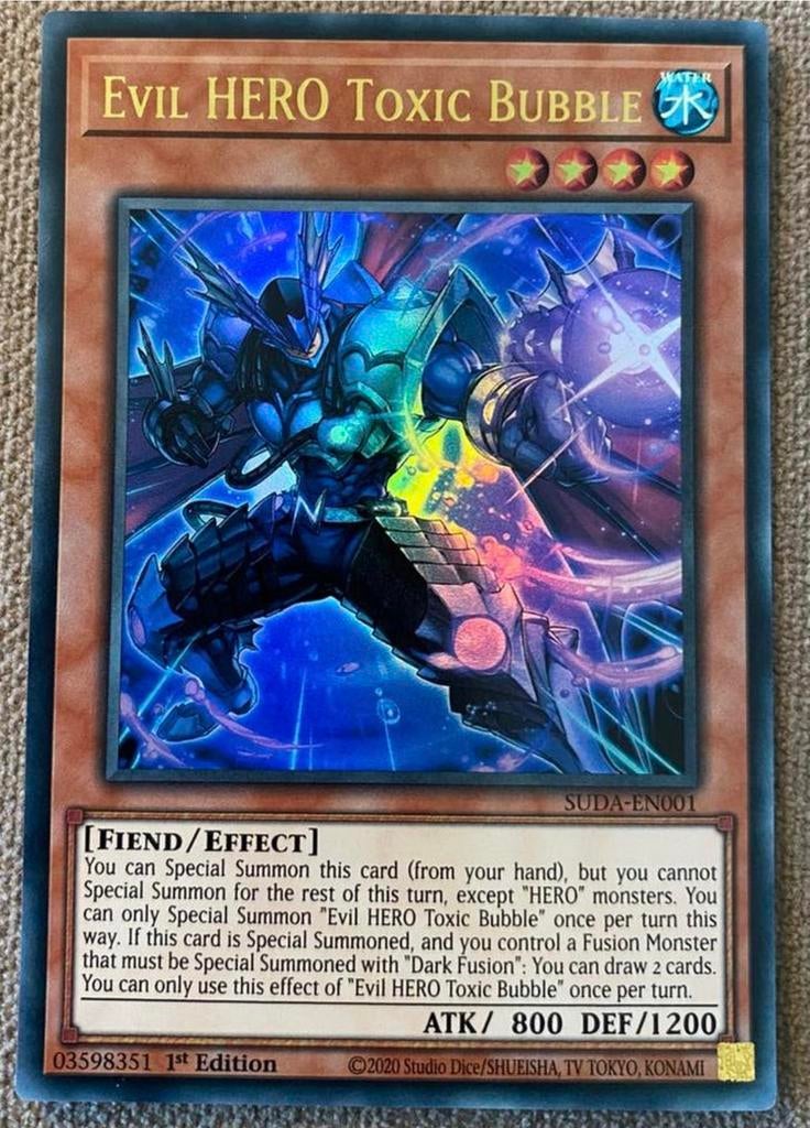 Yu-Gi-Oh! Evil HERO Toxic Bubble SUDA 1st Edition !, Ophalen of Verzenden, Zo goed als nieuw, Losse kaart, Foil