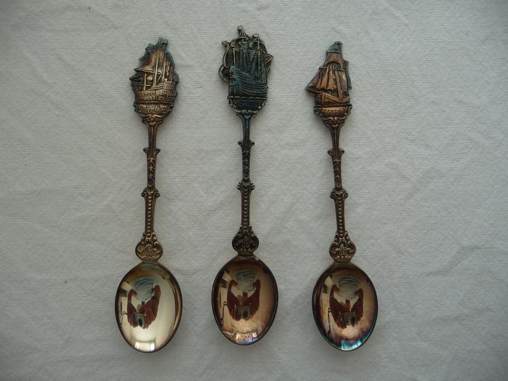 3 verzilverde LEPELTJES met oude SCHEPEN van D-E, Antiek en Kunst, Antiek | Bestek, Ophalen of Verzenden