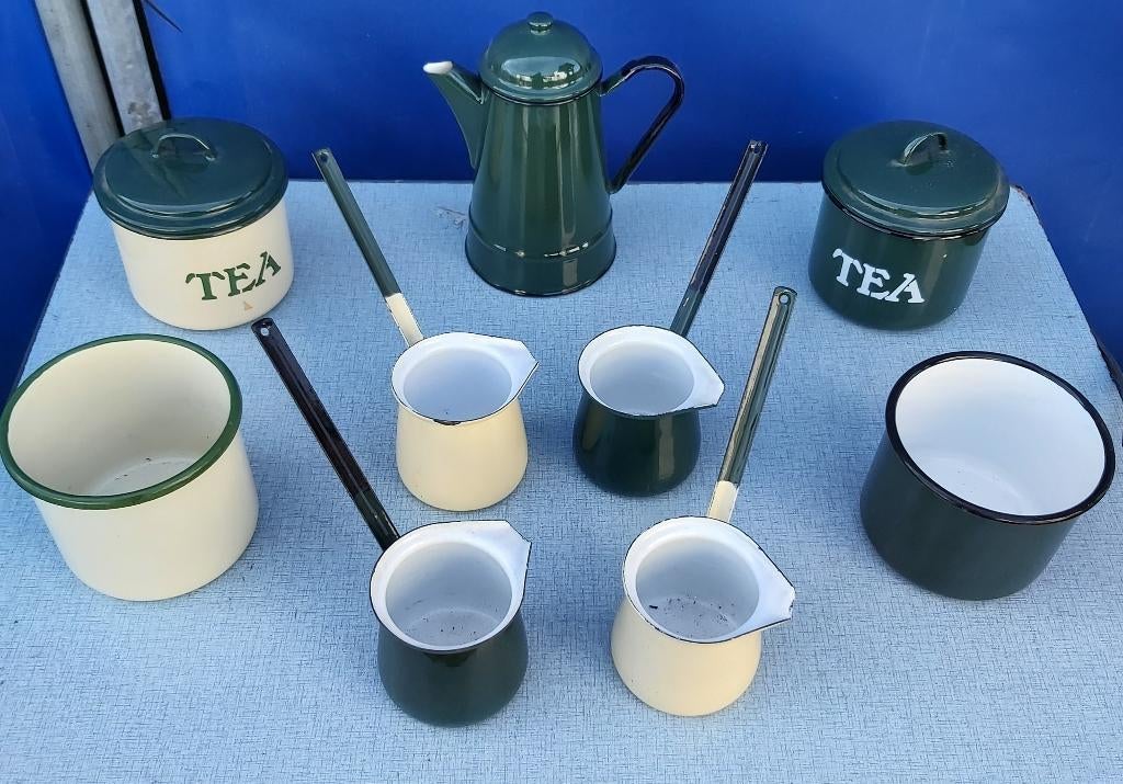 emaille potten kannen melkpotjes decoratie, Antiek en Kunst, Curiosa en Brocante, Verzenden